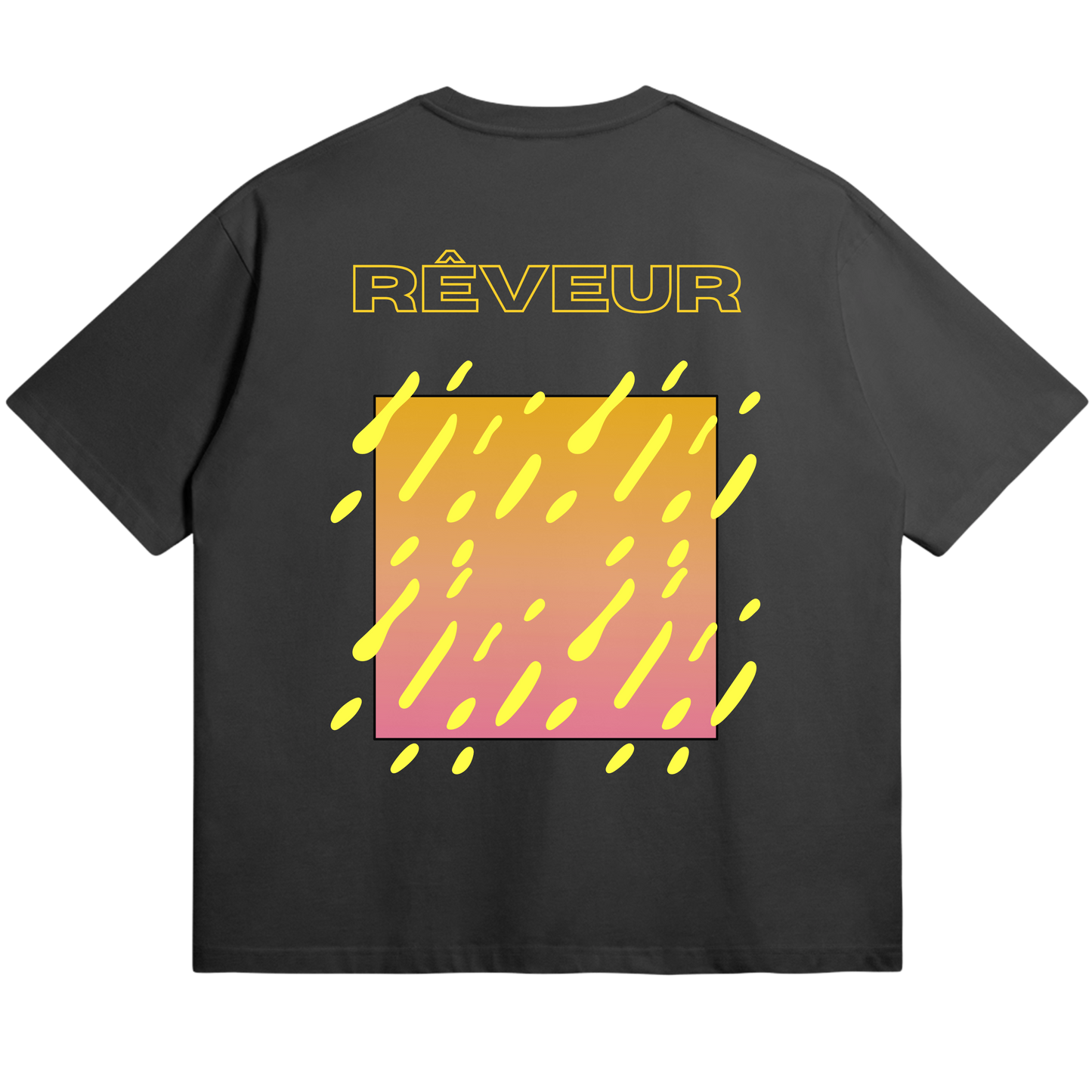 Oversized black streetwear t-shirt “SUNDRIP” by RÊVEUR — modern abstract design with yellow and pink gradient square and dripping shapes, minimalist and artistic style.