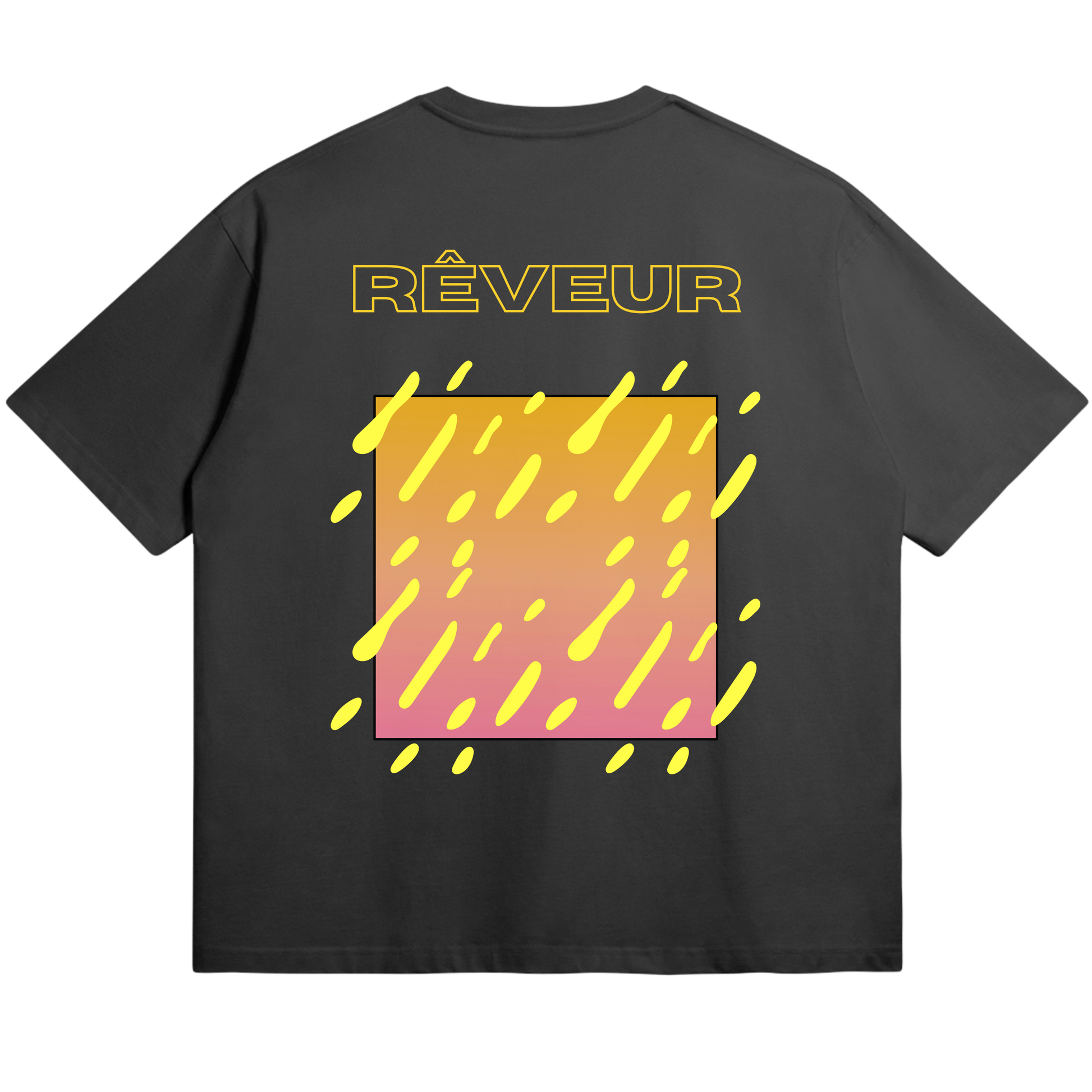 Oversized black streetwear t-shirt “SUNDRIP” by RÊVEUR — modern abstract design with yellow and pink gradient square and dripping shapes, minimalist and artistic style.