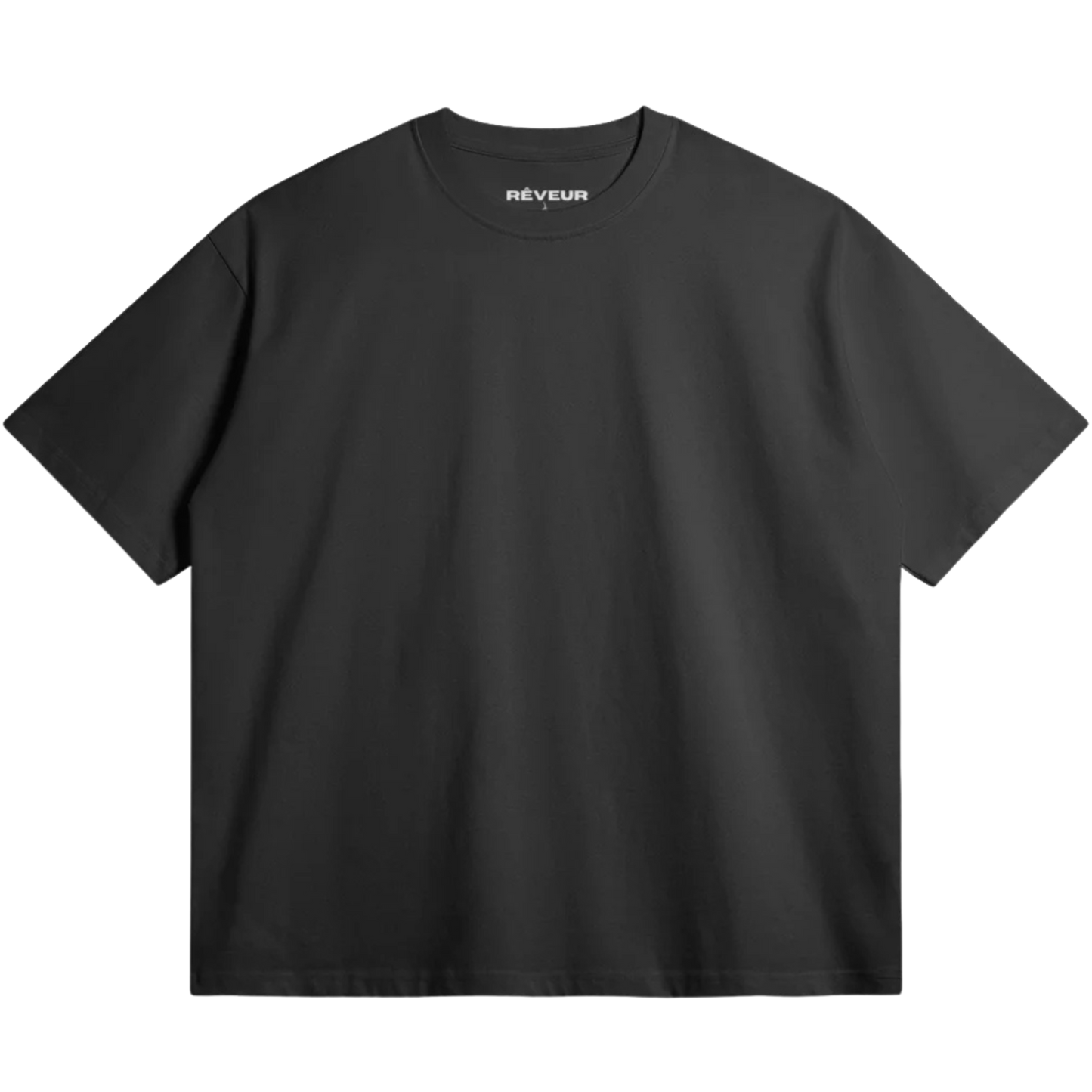 Oversized black streetwear t-shirt by RÊVEUR — minimalist front design, premium 305g cotton, high-quality oversized fit.
