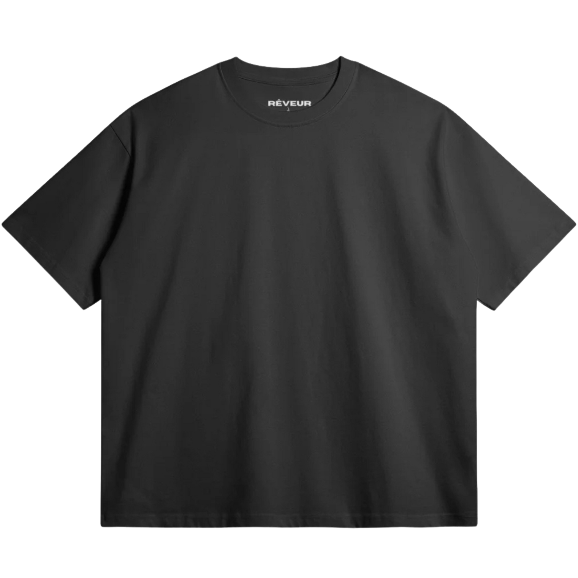 Oversized black streetwear t-shirt by RÊVEUR — minimalist front design, premium 305g cotton, high-quality oversized fit.