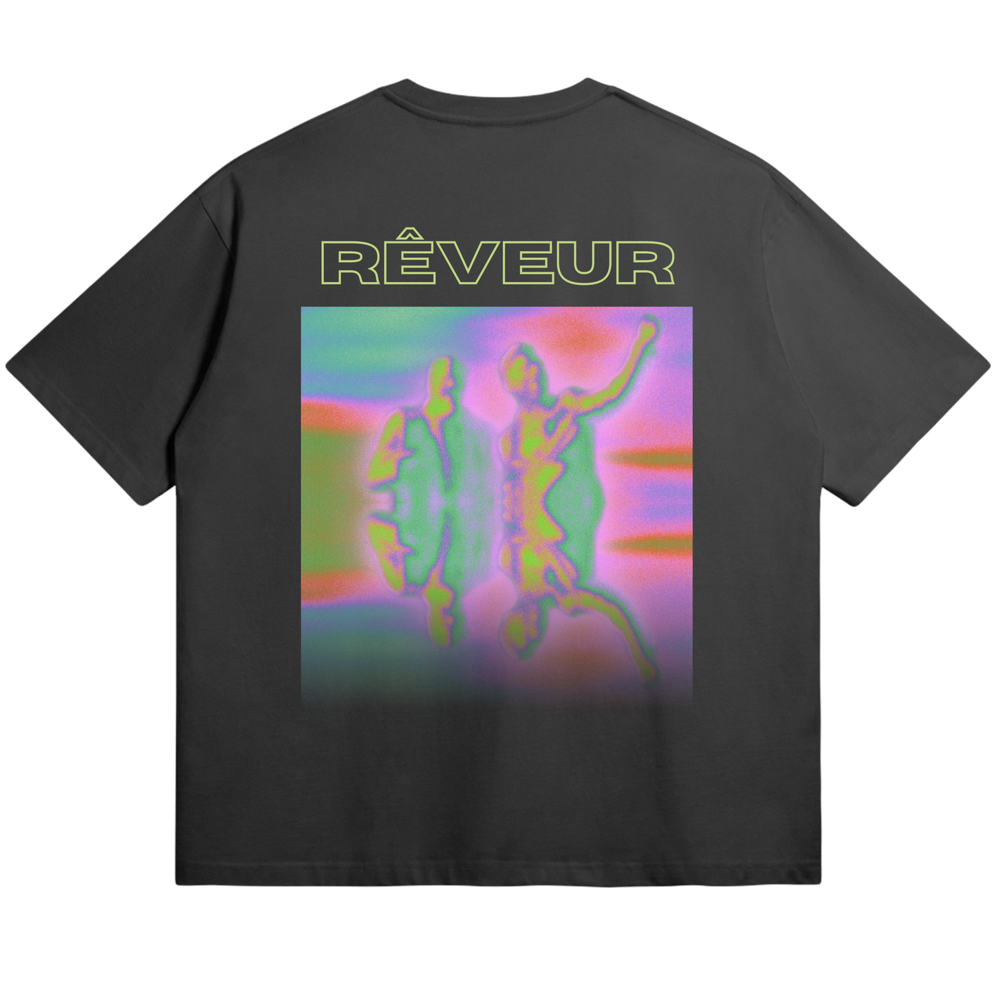 Oversized black streetwear t-shirt “HYPNAGOGIA” by RÊVEUR — abstract psychedelic art print in vibrant neon colors, blending dreamlike forms and creative expression.