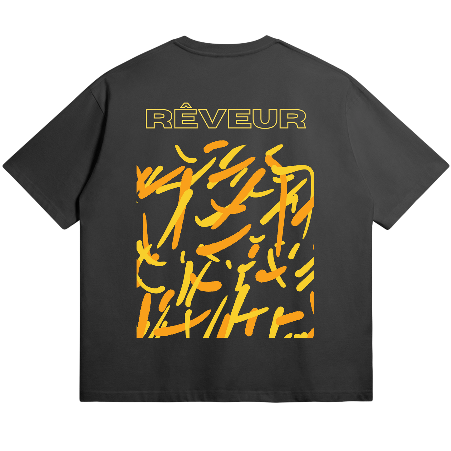Oversized black streetwear t-shirt “LUCID SPARKS” by RÊVEUR — bold abstract orange and yellow brushstroke design symbolizing creative energy and artistic freedom.