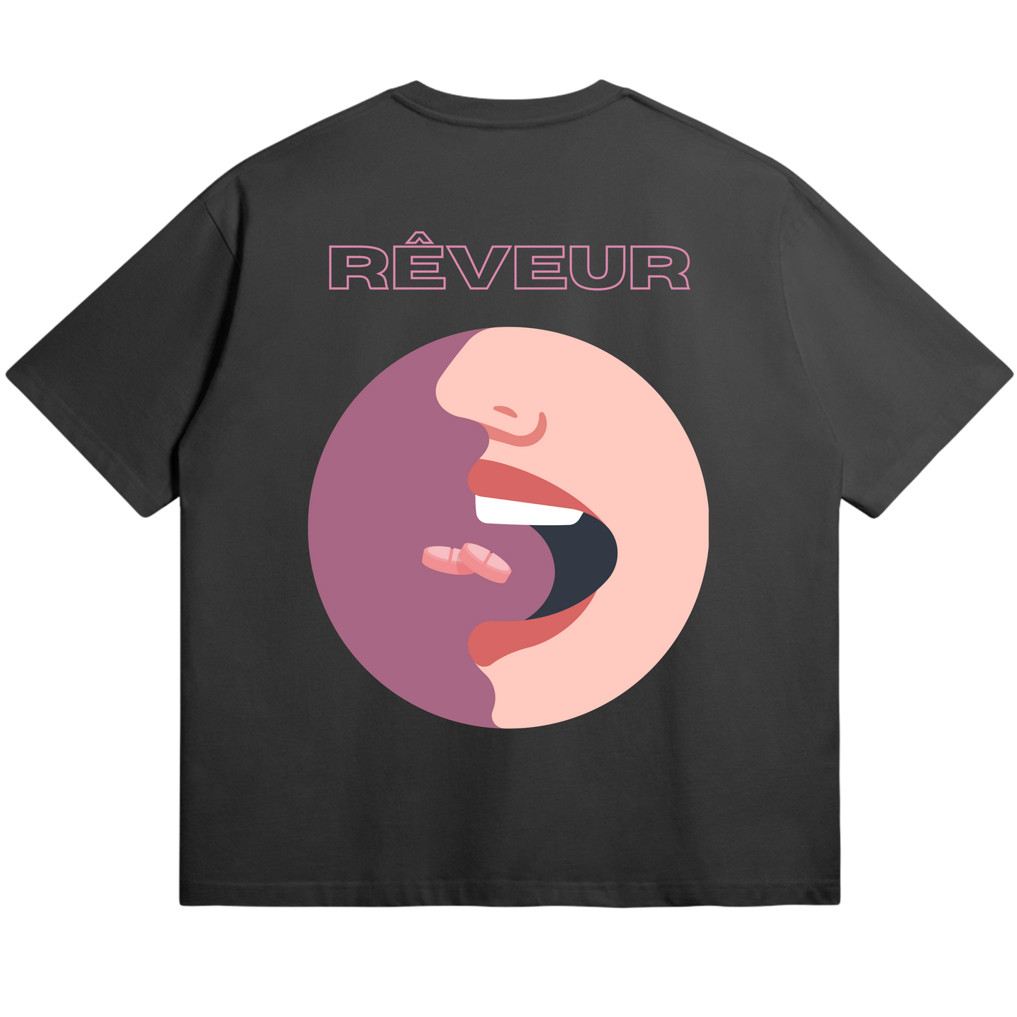 Oversized black streetwear t-shirt “MIND ENTRY” by RÊVEUR — minimalist artistic design featuring abstract lips illustration in pink tones on the back.