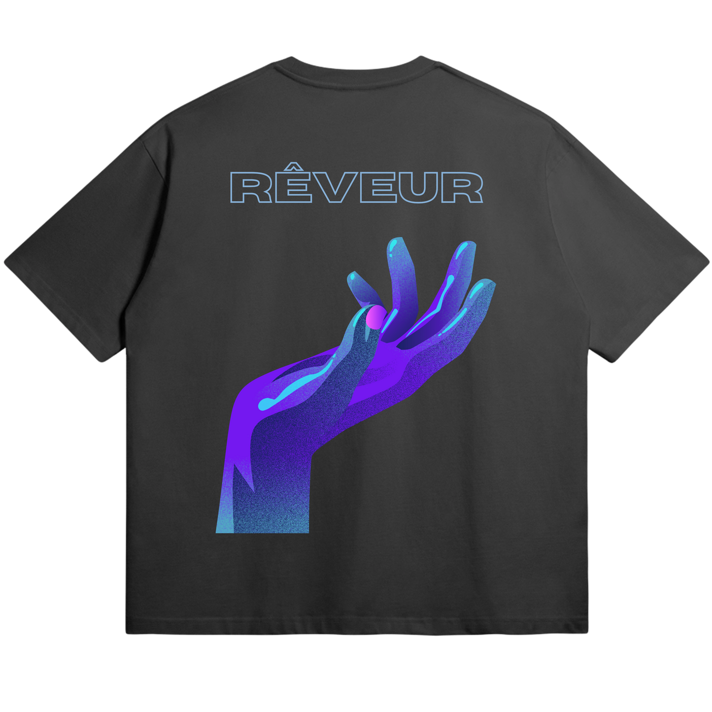 Oversized black streetwear t-shirt “REACH” by RÊVEUR — minimalist futuristic design featuring a neon purple hand reaching upward. Premium 305g cotton.