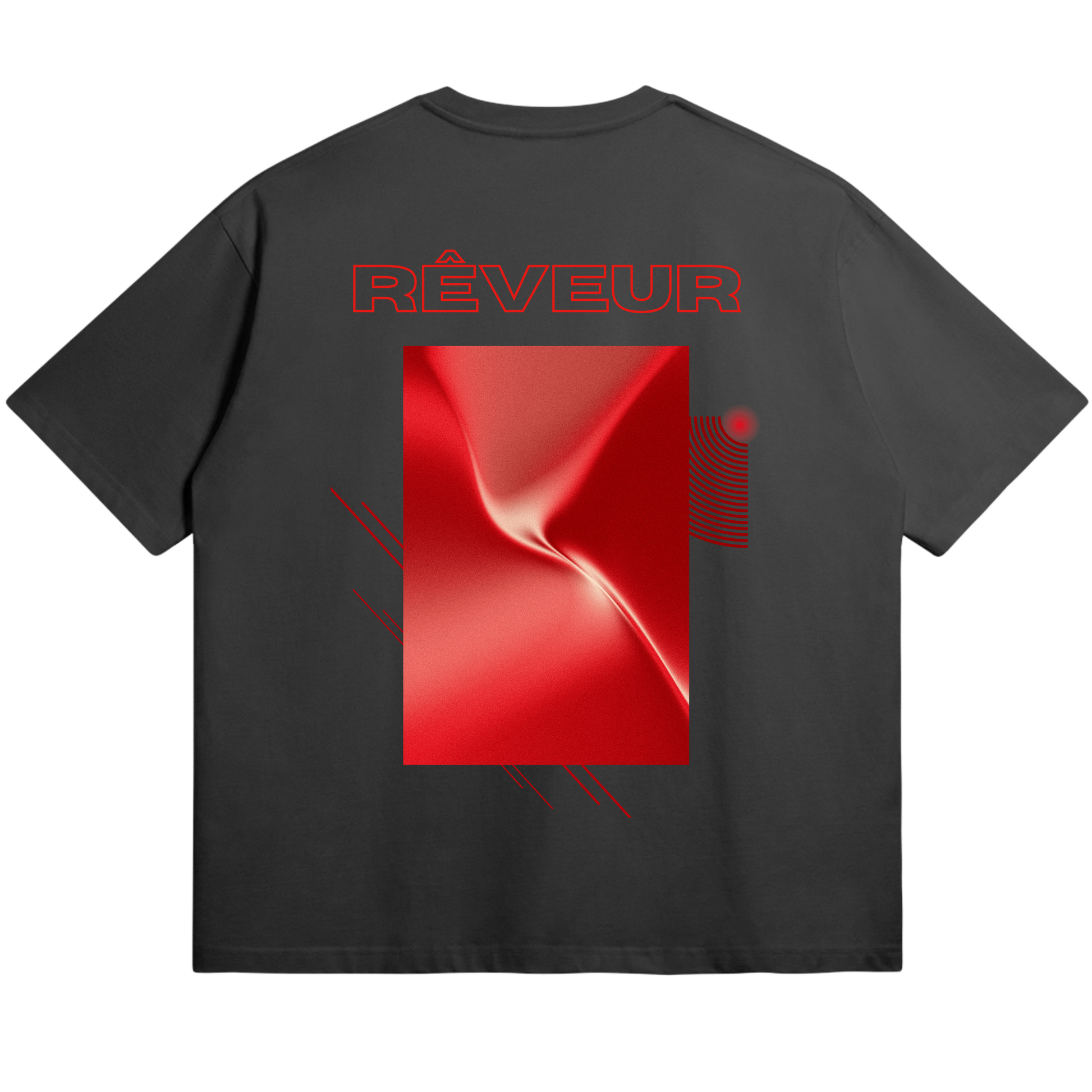 Oversized black streetwear t-shirt “RED SHIFT” by RÊVEUR — minimalist artistic design featuring a red metallic abstract rectangle on the back.
