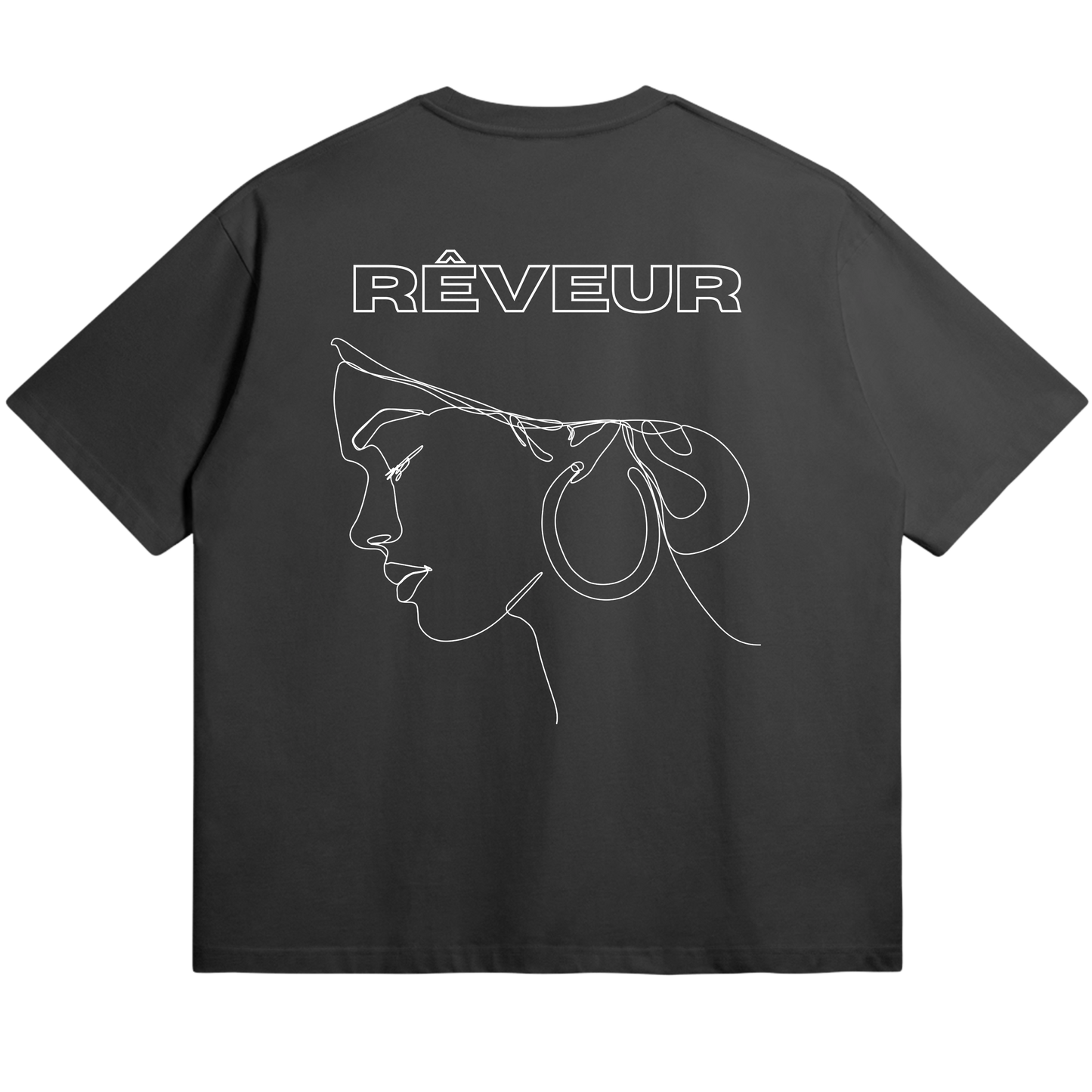 Oversized black streetwear t-shirt “SERENA” by RÊVEUR — minimalist line art design of a woman’s profile with hoop earrings, elegant and artistic style.