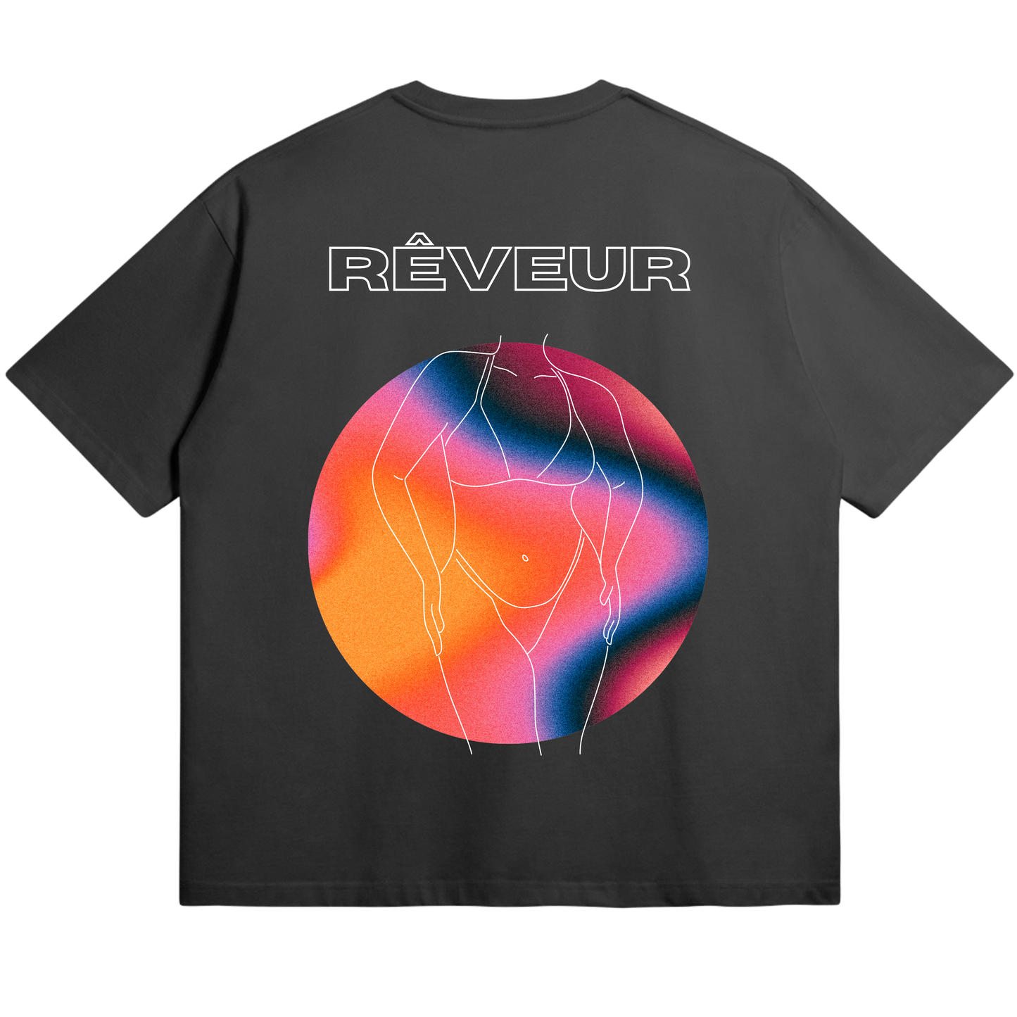 Oversized black streetwear t-shirt “SHE” by RÊVEUR — artistic minimalist line art of a woman’s body with a colorful gradient circle, celebrating creative freedom and body positivity.